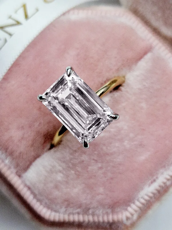 Designer Fashion Rings-5.28 Carats Lab Grown Emerald Cut Two Tone Solitaire Hidden Halo Diamond Engagement Ring