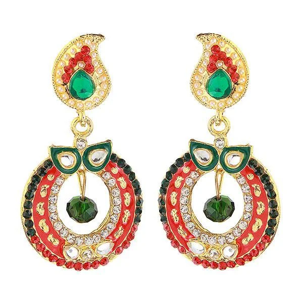 Colorful Stone Earrings-Kriaa Red And Green Meenakari Kundan Dangler Earrings - 1304618