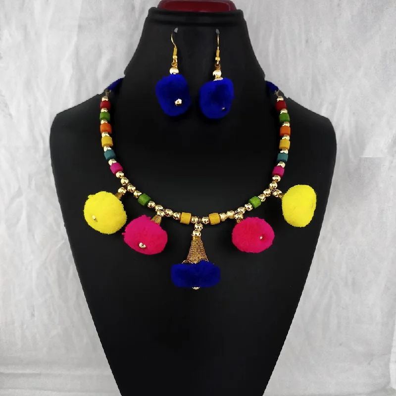 Stylish Chain Necklaces-Jeweljunk Gold Plated Multicolor Pom Pom Necklace Set  - 1115667