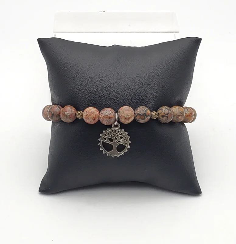 Silver Plated Bracelets-Tree of Life Brecciated Jasper Bead Stretch Bracelet