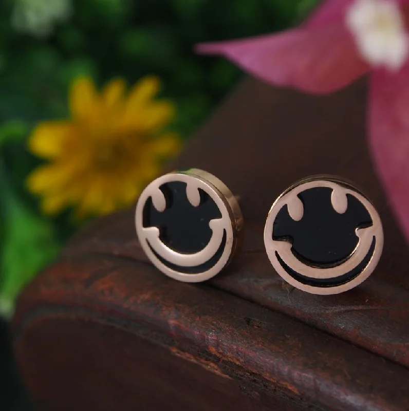 Long Gold Earrings-Tarohi Jewels Stainless Steel Rosegold Plated Smiley Face Stud Earring-STNER 2889