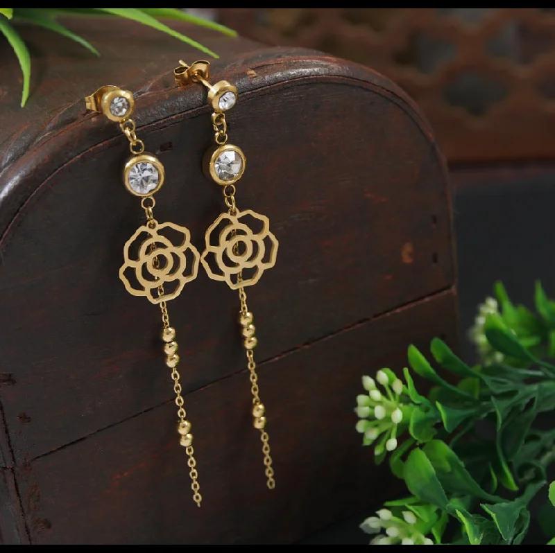 Gemstone Drop Earrings-Tarohi JewelsStainless Steel Gold/Rosegold Plated Floral Dangle Earring- STNER 4115