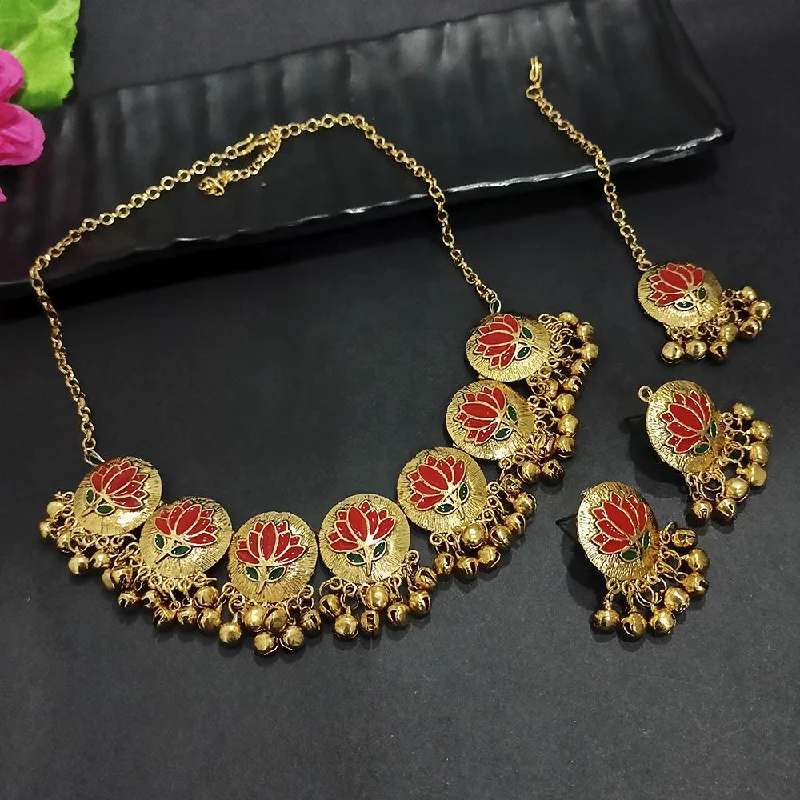 Classic Gold Necklaces-Kriaa Gold Plated Red Meenakari Necklace Set With Maang Tikka - 1116022A