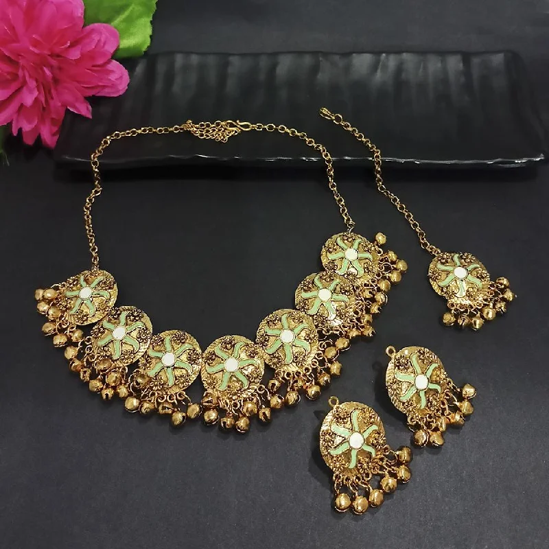 Trendy Charm Necklaces-Kriaa Gold Plated Light Green Meenakari Necklace Set With Maang Tikka - 1116023F