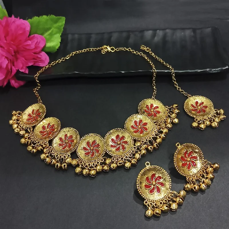 Colored Gemstone Necklaces-Kriaa Gold Plated Red Meenakari Necklace Set With Maang Tikka - 1116020A