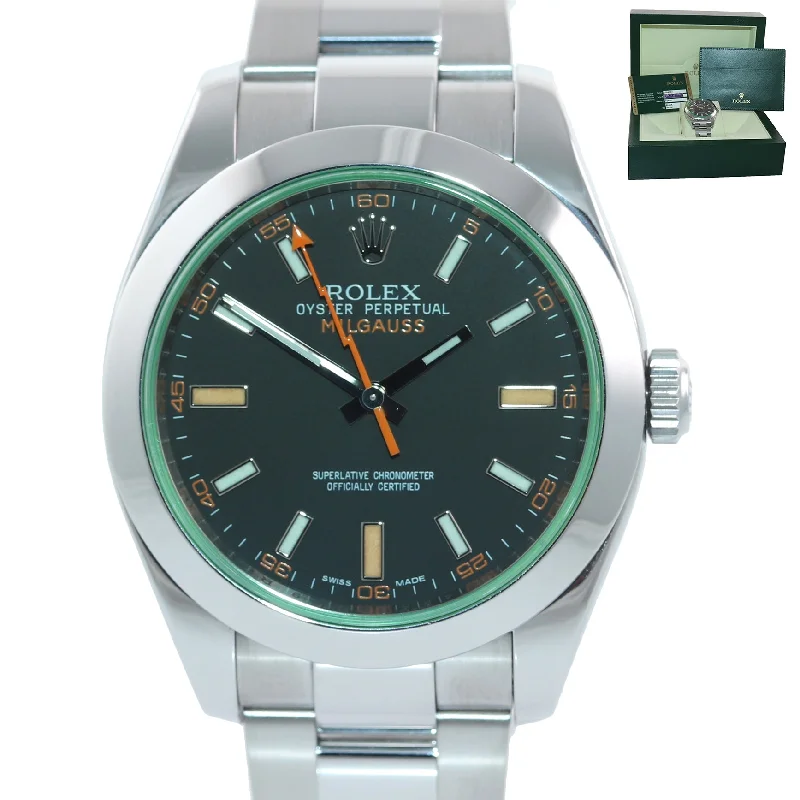 Classic Leather Strap Watches-PAPERS Rolex Milgauss Green Anniversary 116400GV Stainless Steel Black Watch Box