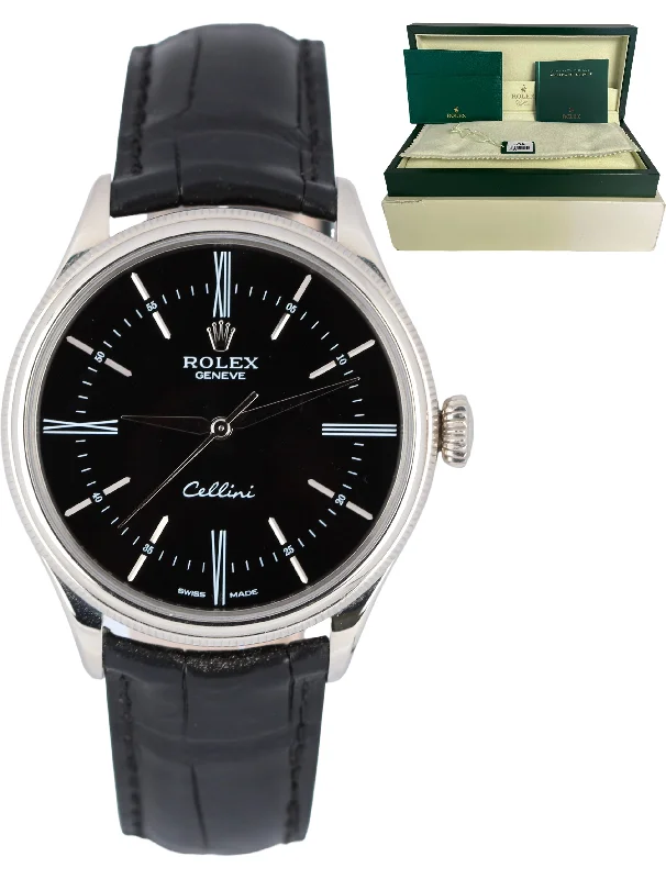 Retro Style Digital Watches-Rolex Cellini 18k White Gold Black Dial Roman Numeral 50509