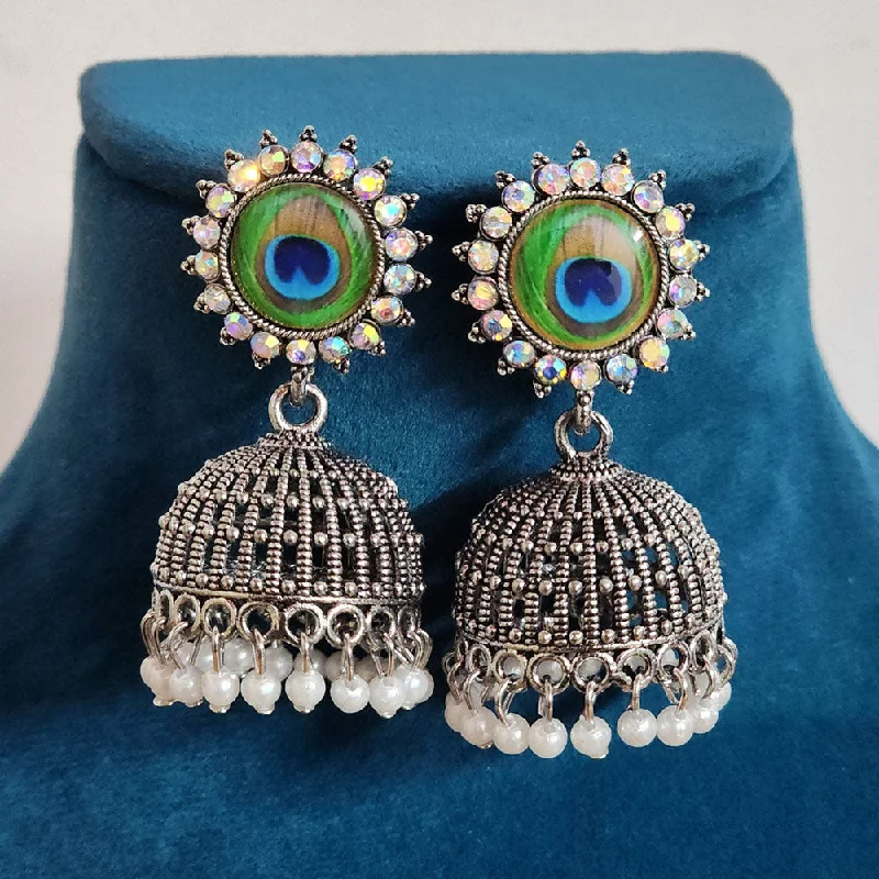 Modern Geometric Earrings-H K Fashion Oxidised Plated Austrian Stone And Pearls Jhumki Earrings