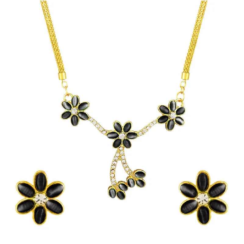 Turquoise Necklaces-Mahi Monalisa Cats Eye Black Flower Gold Plated Necklace Set for Women for Women