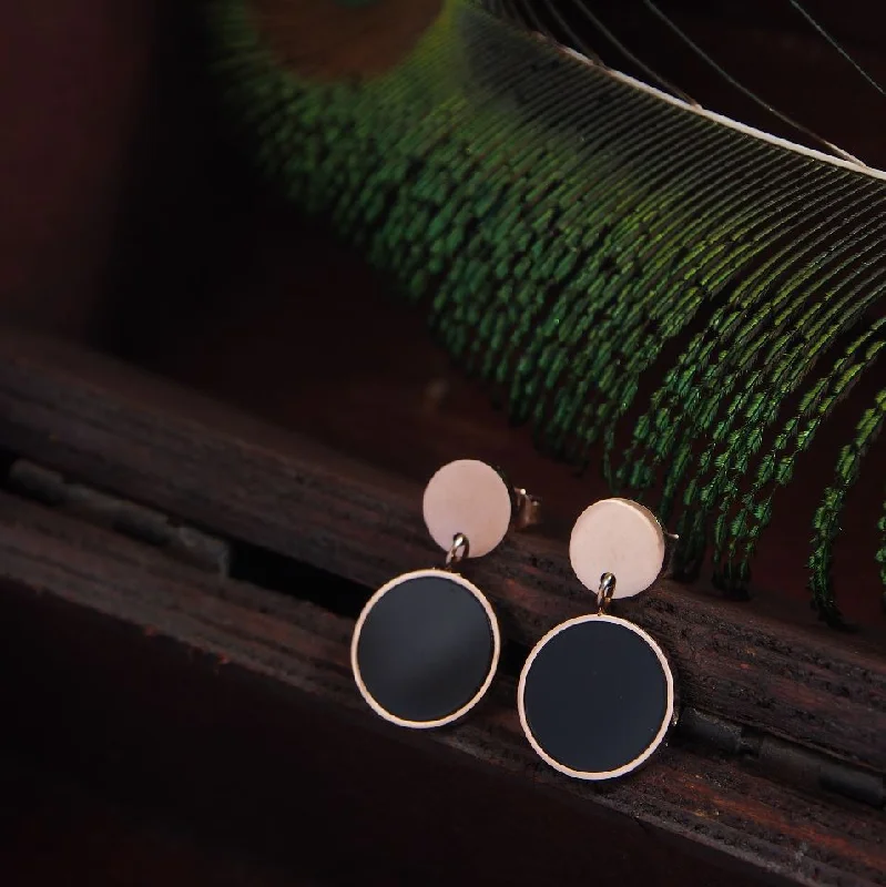 Simple Rose Gold Earrings-Tarohi Jewels Stainless Steel Rosegold Plated Black Disc Drop Earring-STNER 2883