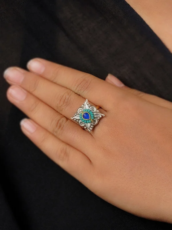 Yellow Diamond Rings-Blue Color Tribal Ring - EK-SFRNG135BL