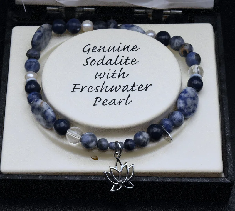 Modern Gemstone Charm Bracelets-Vintage NIB Sodalite, Freshwater Pearl and Sterling Silver Beaded Stretch Bracelet