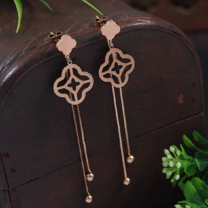 Silver Earring Cuffs-Tarohi JewelsStainless Steel Rosegold Plated Clover Chain Dangle Earring- STNER 4033