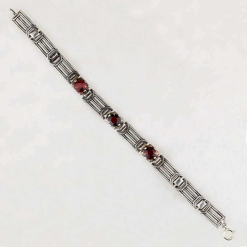 Silver Tennis Bracelets-Architectural Art Deco Garnet & Sterling Bracelet