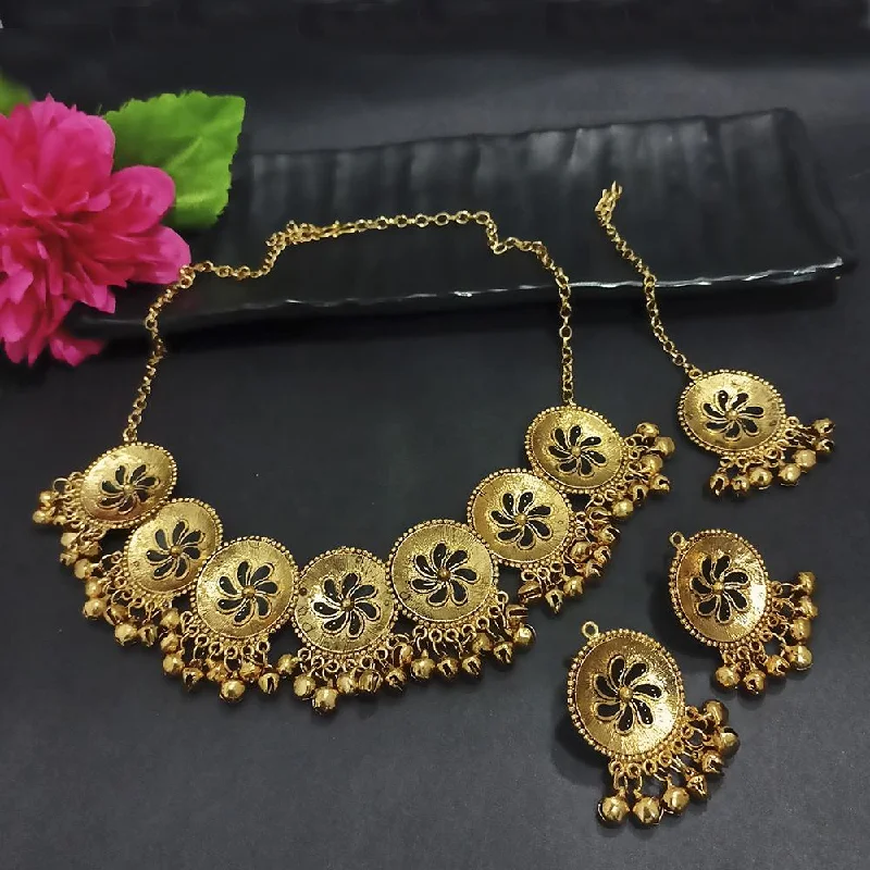 Designer Bead Necklaces-Kriaa Gold Plated Black Meenakari Necklace Set With Maang Tikka - 1116020H