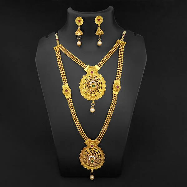 Gold-Plated Heart Necklaces-Kriaa Gold Plated Maroon Green Stone Double layer Necklace Set