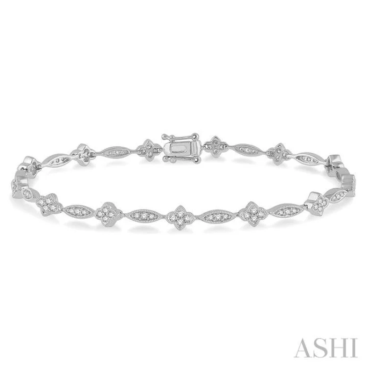 Custom Silver Bangles-1 1/10 ctw Marquise and Floral Link Diamond Bracelet in 14K White Gold