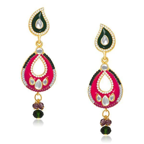 Artisanal Earrings for Sale-Kriaa Pink And Black Meenakari Kundan Dangler Earrings - 1304627