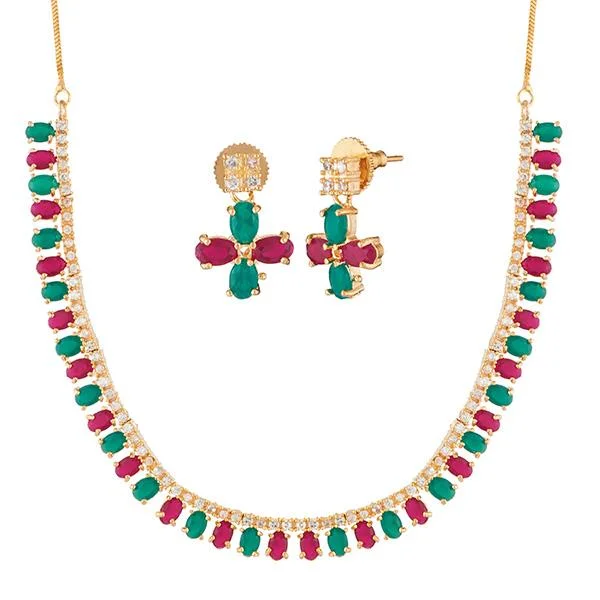 Designer Choker Necklaces-Pralhad Green And Pink Pota Stone Brass Necklace Set - FBP0024C