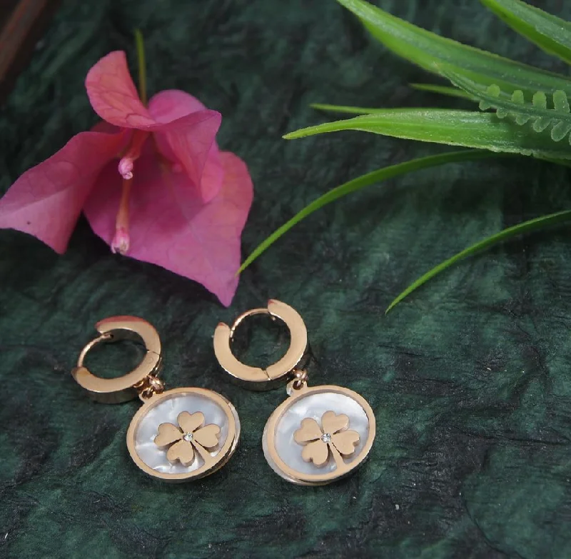 Large Drop Earrings-Tarohi Jewels Stainless Steel Rosegold Plated Inlaid White Colour Floral Hoops Earring-STNER 2875