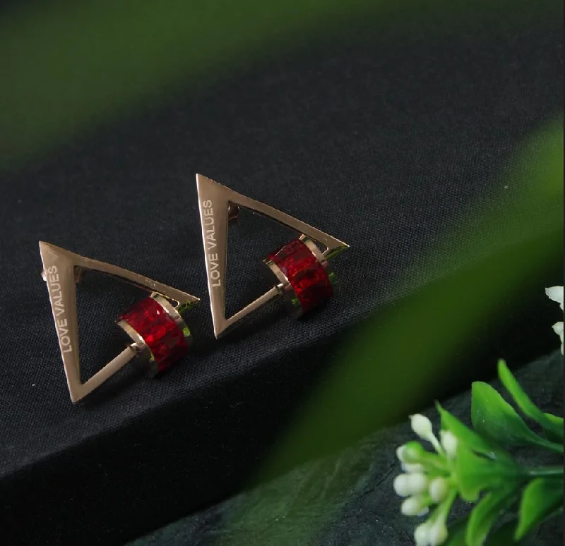 Glittery Earrings for Parties-Tarohi Jewels Stainless Steel Rosegold Plated Triangle Shaped Red Coloured Ring Drop Earring-STNER 2878