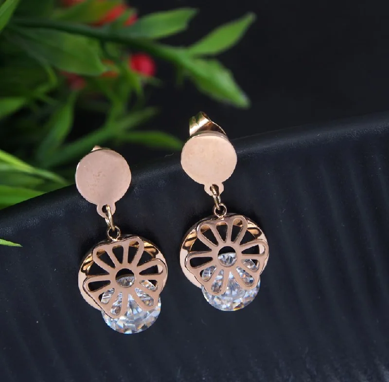 Elegant Diamond Drop Earrings-Tarohi JewelsStainless Steel Rosegold Plated Floral Stud Earring-STNER 2715