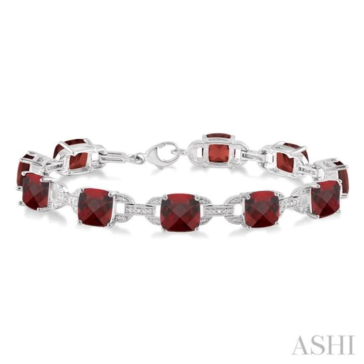 Boho Friendship Bracelets-7x7 mm Cushion Cut Garnet and 1/20 Ctw Round Cut Diamond Fashion Bracelet in Sterling Silver