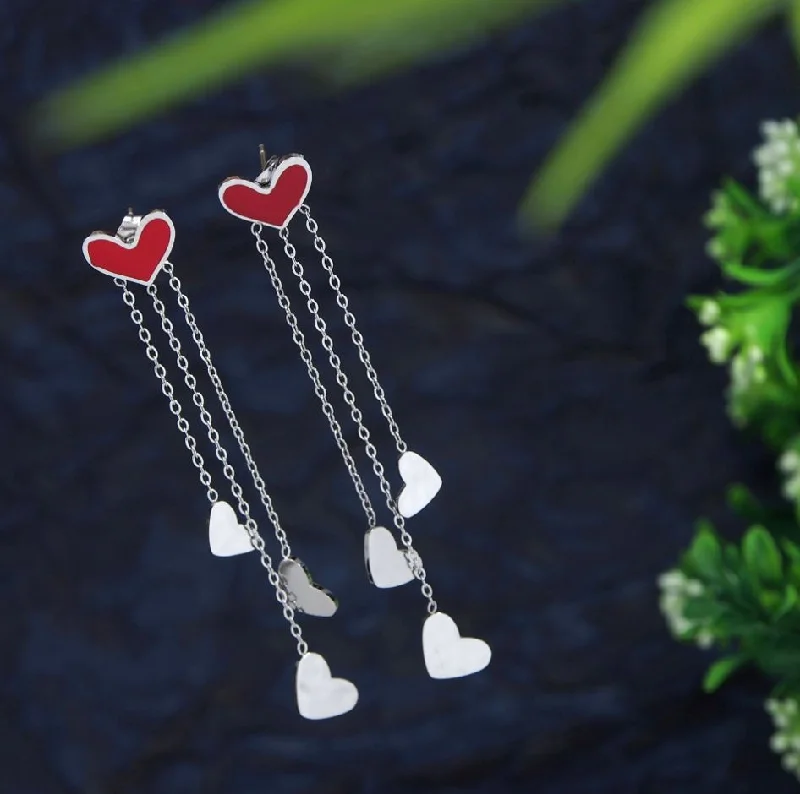 Elegant Bead Earrings-Tarohi JewelsStainless Steel Silver Plated Heart Shaped Chain Earring- STNER 2742