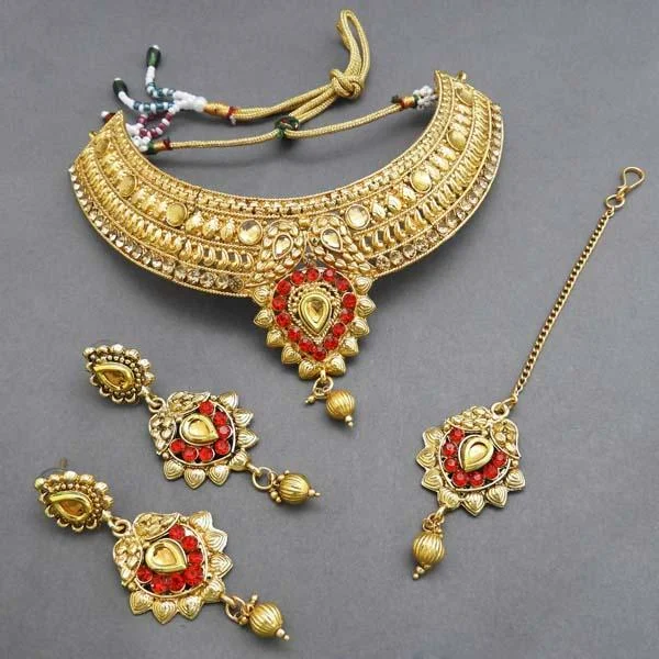 Modern Gold Necklaces-Bajrang Red AD Stone Necklace Set With Maang Tikka - FBA0036