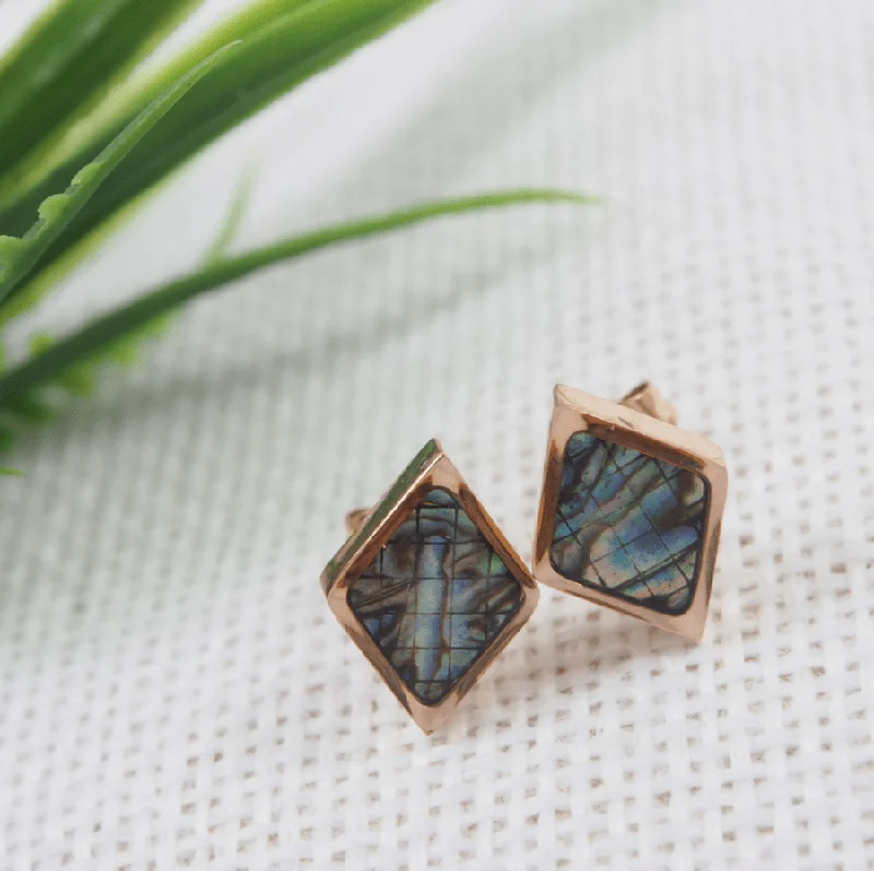 Colorful Stone Earrings-Tarohi JewelsStainless Steel Rosegold Plated Abalone Rhombus Stud Earring- STNER 3901