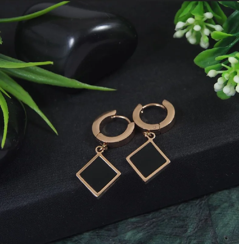 Elegant Rose Gold Earrings-Tarohi JewelsStainless Steel Rosegold Plated Black Square Shaped Hoops Earring-STNER 2880