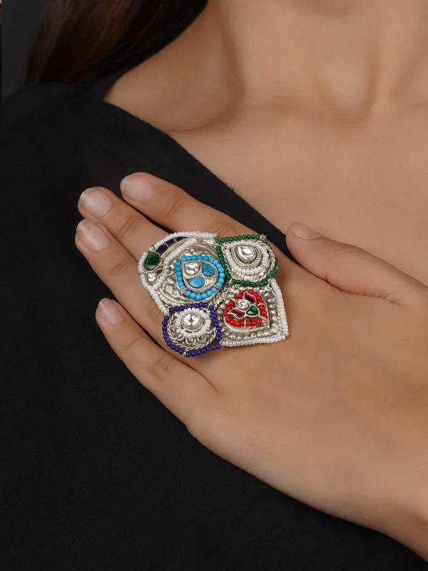 Dainty Gold Rings-Multicolor Silver Plated Tribal Ring - EK-SFRNG156MA