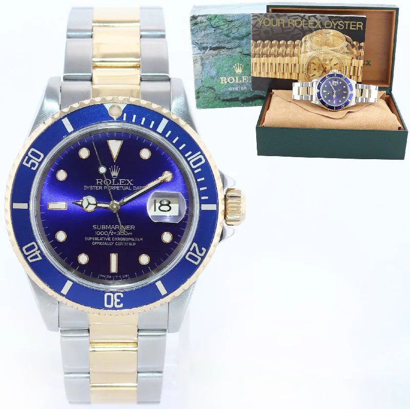 Vintage Women’s Watches-Rolex Submariner 16613 Two Tone Steel 18k Yellow Gold Blue Purple Sunburst Watch Box