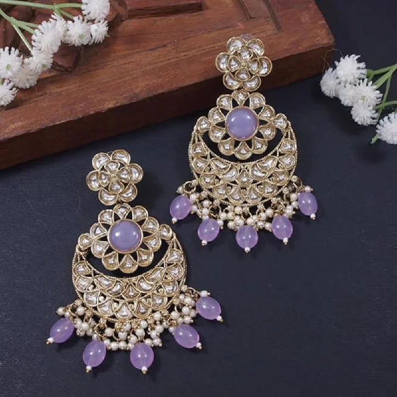 Bohemian Earrings for Festivals-Etnico Gold Plated Traditional Handcrafted Kundan Pearl Floral Design Earrings For Women (Purple)