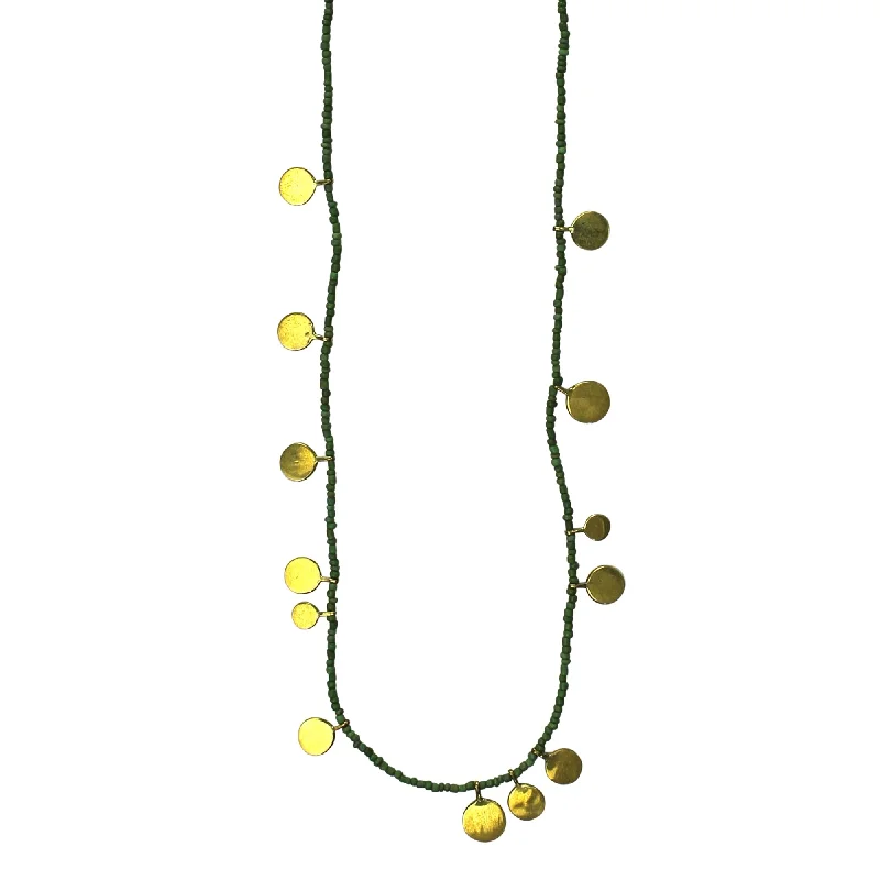 Simple Gold Bead Necklaces-Necklace, Brass Tabs on Green Beads