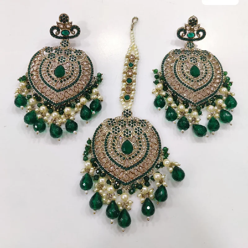 Mixed Color Earrings-JCM Gold Plated Crystal Stone And Beads Dangler Earrings With Maangtikka (Assorted Color 1 Piece Only)