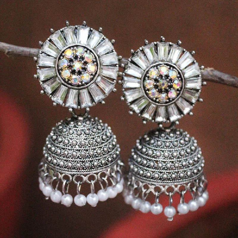 Bohemian Style Earrings-H K Fashion Oxidised Plated Crystal  Stone And Pearls Jhumki Earrings