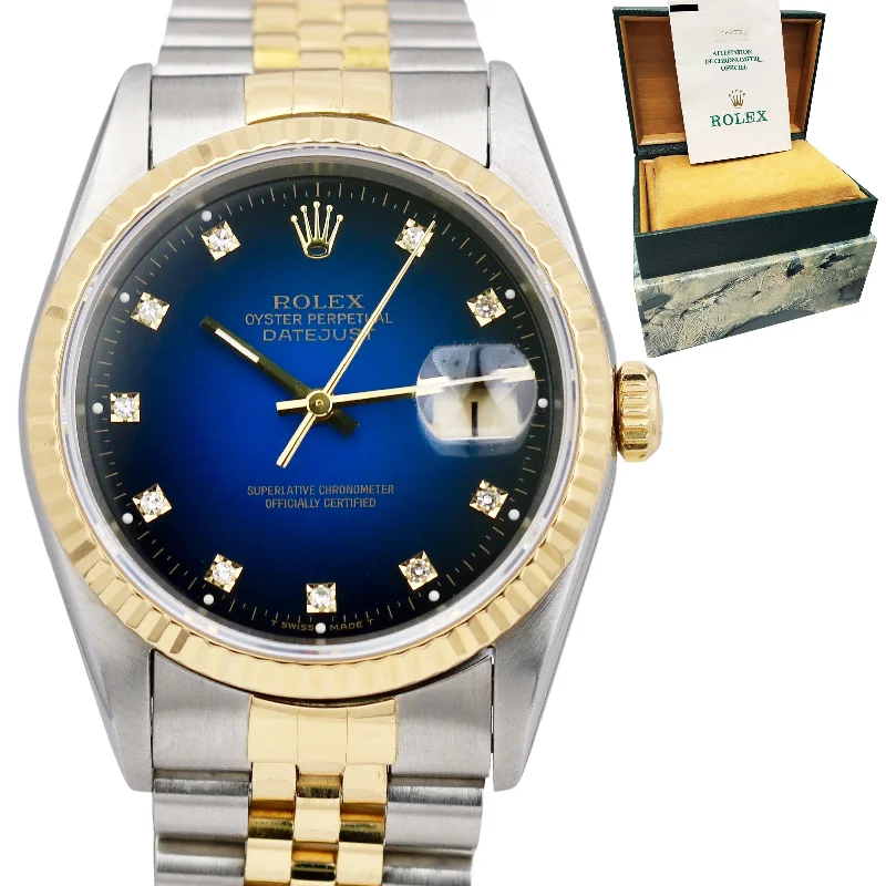 Women’s Rose Gold Watches-FACTORY Blue Diamond Vignette Rolex DateJust 36mm Two Tone NO HOLES 16233 PAPERS