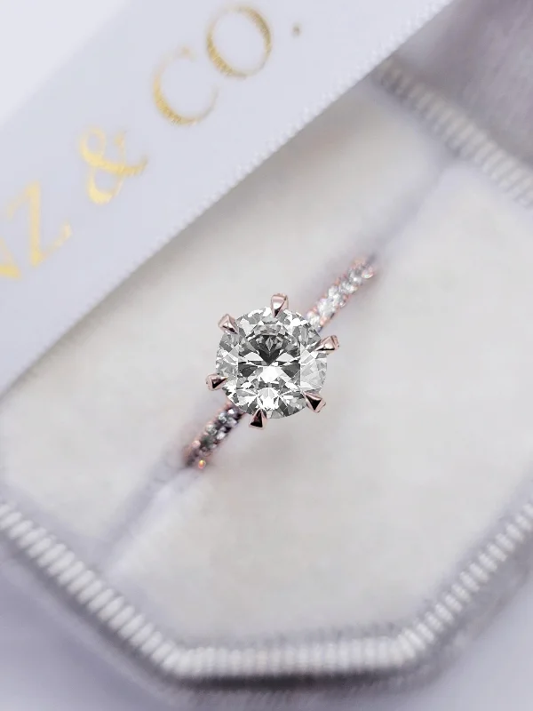 Classic Silver Rings-2 Carats Lab Grown Round Brilliant Cut Micropave Side Stones Accented Prongs Diamond Engagement Ring in Rose Gold