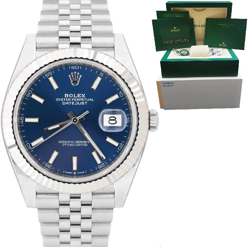 Elegant Gold Watches-NEW AUGUST 2022 Rolex DateJust 41 Blue Stainless Steel JUBILEE Watch 126334