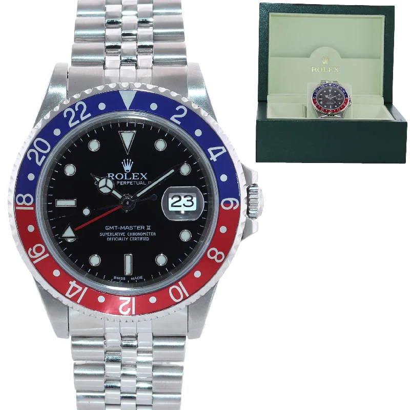 Water-Resistant Diving Watches-2001 Rolex GMT-Master Pepsi Blue Red Steel 16710 Jubilee Band 40mm Watch Box