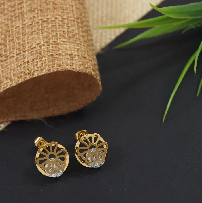 Turquoise Stud Earrings-Tarohi JewelsStainless Steel Gold Plated Cubic Zicron Floral Stud Earring- STNER 4040