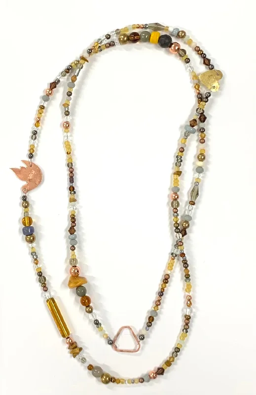 Gold-Plated Necklaces-Long mustard and grey glass and metal beads