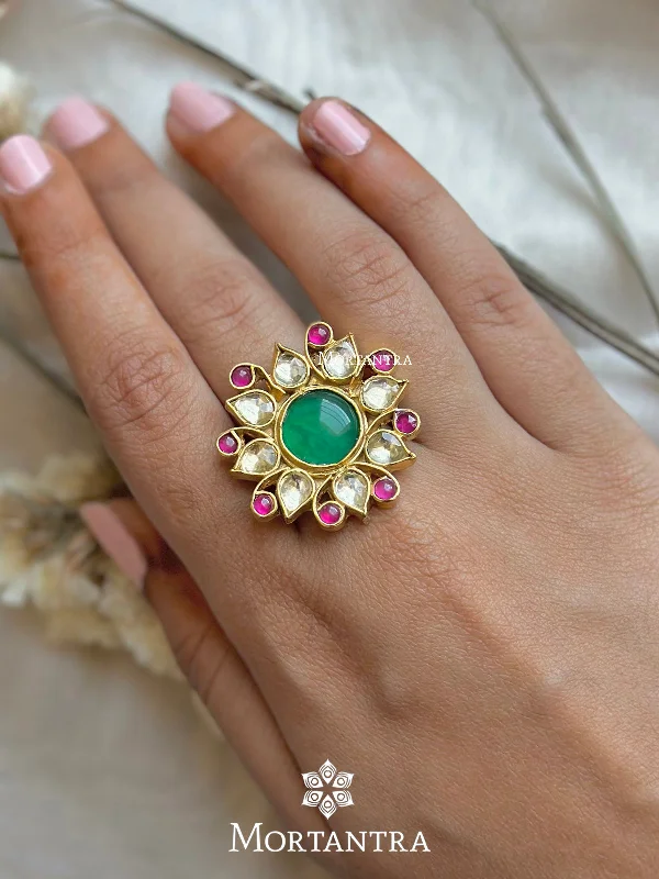 Handmade Gemstone Rings-Multicolor Gold Plated Jadau Kundan Ring - MRNG94M