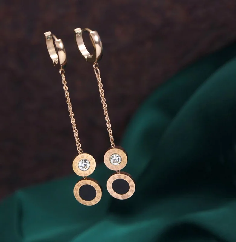 Geometric Earrings-Tarohi Jewels Stainless Steel Rosegold Plated Dual Roman Numerals Disc Chain Earring- STNER 2752