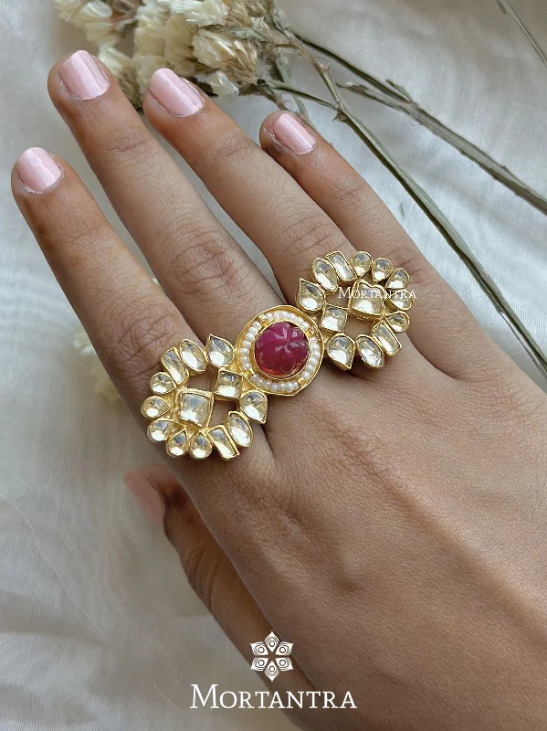 Fashionable Cocktail Rings-Pink Color Gold Plated Jadau Kundan Ring - MRNG90YP