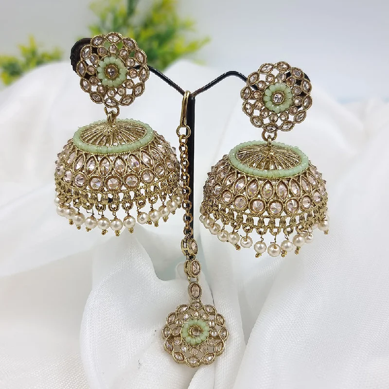 Unique Stud Earrings-JCM Gold Plated Crystal Stone And Pearls Earrings With Maangtikka