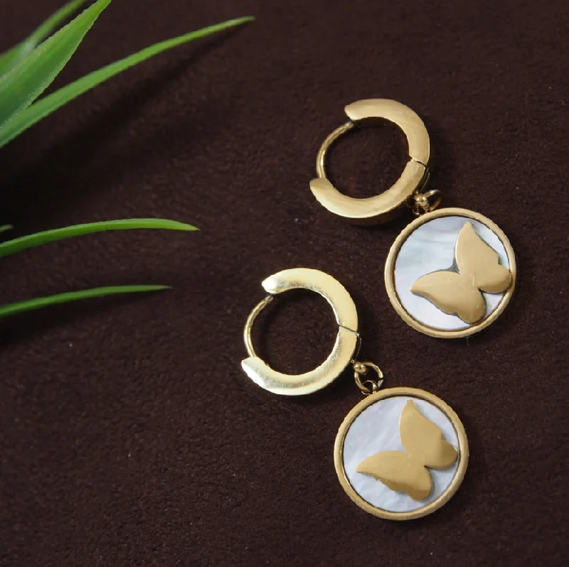 Cute Animal Earrings-Tarohi Jewels Stainless Steel Gold Plated White Shell Butterfly Designed Hoops Earring- STNER 3877