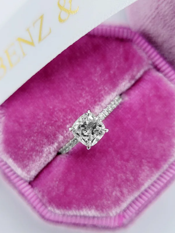 Solitaire Engagement Rings-1.50 Carats Cushion Cut Micropave Side Stones Hidden Halo Diamond Engagement Ring