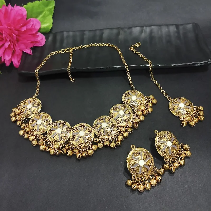 Designer Choker Necklaces-Kriaa Gold Plated Grey Meenakari Necklace Set With Maang Tikka - 1116023J